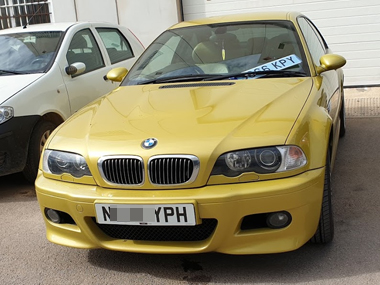 BMW M3 outside our workshop with new number plates on windscreen, about to be fitted BMW M3 new number plates